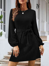 Round Neck Tie Front Long Sleeve Dress