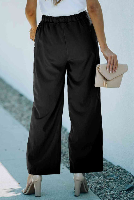 Drawstring Waist Crinkled Wide Leg Pants