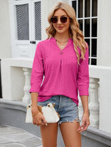 Eyelet Notched Three-Quarter Sleeve Blouse