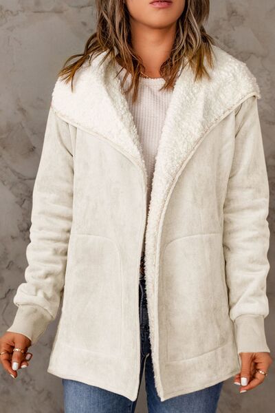 Open Front Long Sleeve Sherpa Jacket with Pockets