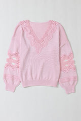 Openwork V-Neck Raglan Sleeve Sweater