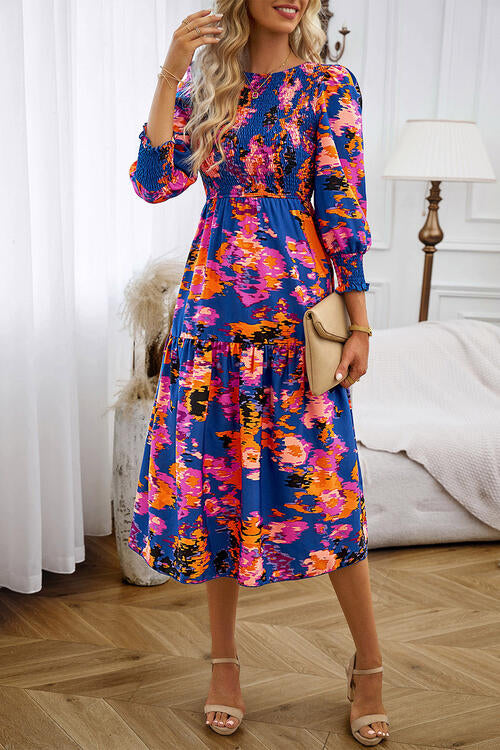 Printed Smocked Lantern Sleeve Ruffled Dress