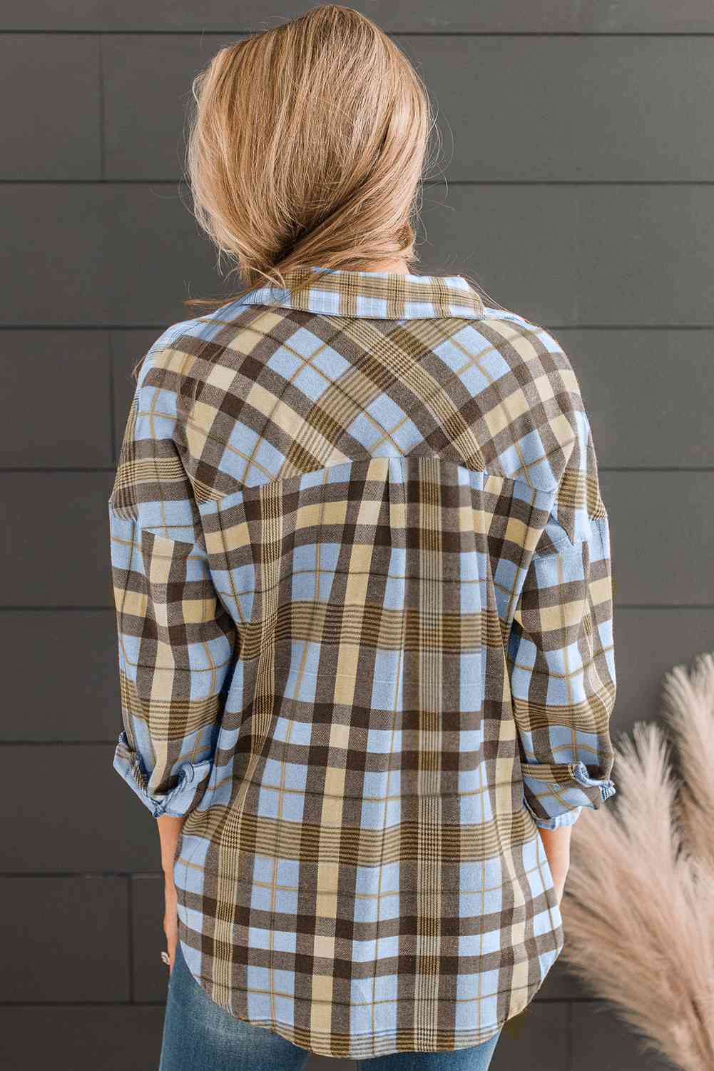 Plaid Collared Neck Long Sleeve Button-Up Shirt