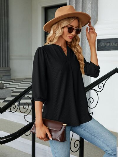 Textured Notched Three-Quarter Sleeve Blouse