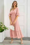 V-Neck Flounce Sleeve Smocked Waist High Slit Dress