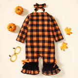 Plaid Ghost Graphic Round Neck Long Sleeve Jumpsuit