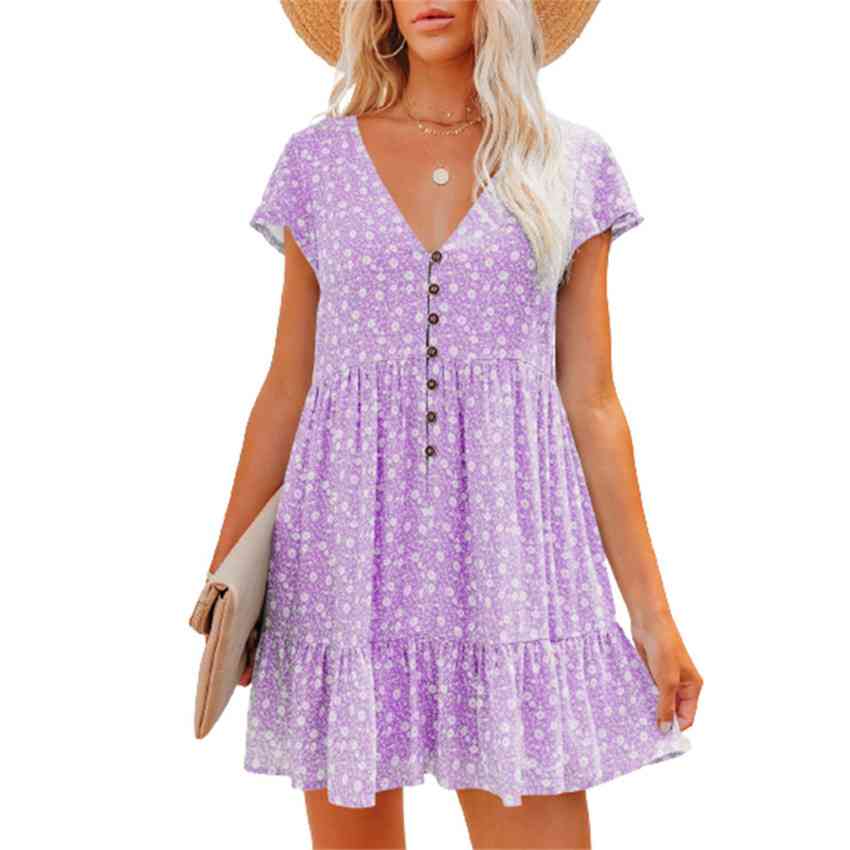 Printed V-Neck Buttoned Short Sleeve Mini Dress