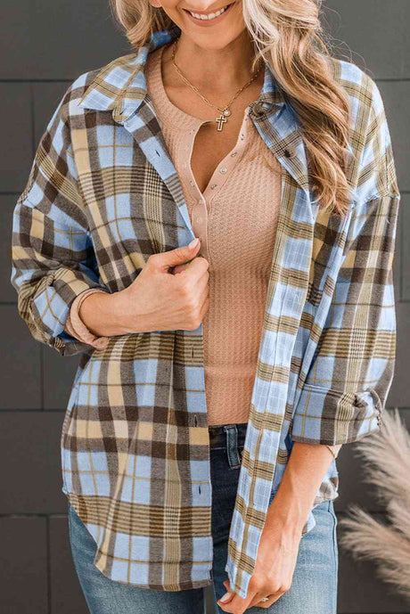 Plaid Collared Neck Long Sleeve Button-Up Shirt