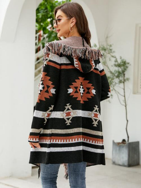 Fringe Geometric Hooded Long Sleeve Cardigan