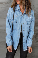 Pearl Detail Button Up Raw Hem Denim Jacket