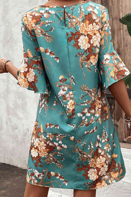 Floral Print Round Neck Flounce Sleeve Mini Dress