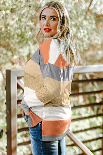 Plus Size Striped Slit Long Sleeve T-Shirt