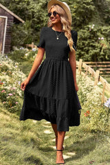 Swiss Dot Smocked Round Neck Short Sleeve Midi Dress