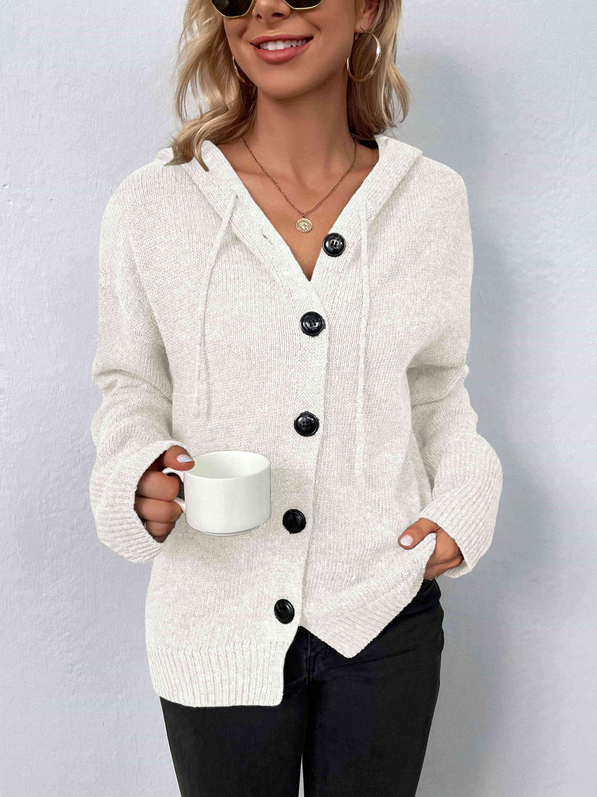 Button-Down Long Sleeve Hooded Sweater