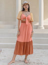 Color Block Tie Front Smocked Midi Dress