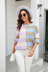 Round Neck Long Sleeve Color Block Dropped Shoulder Pullover Sweater