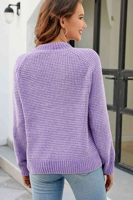 Waffle-Knit Round Neck Reglan Sleeve Sweater