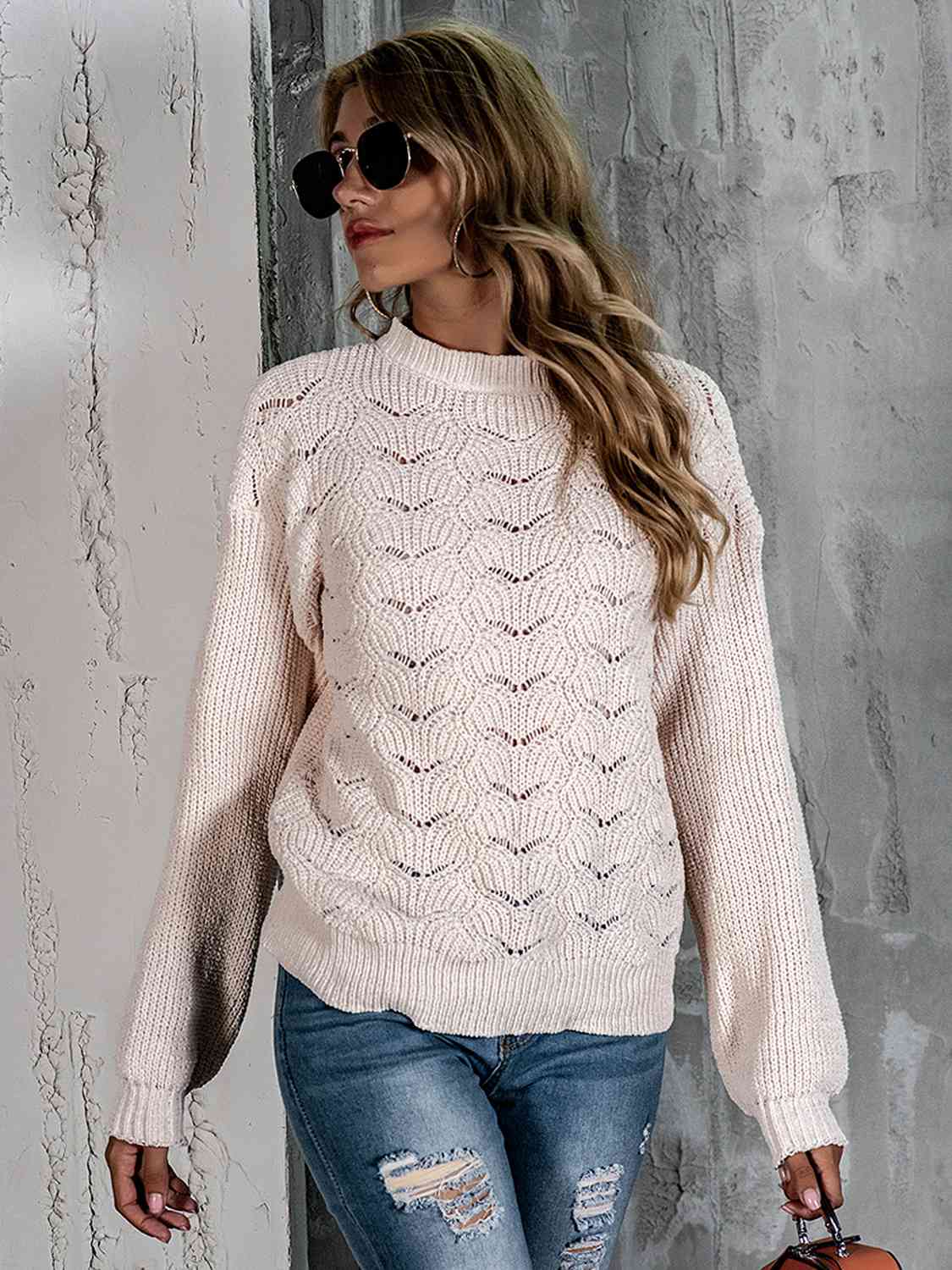 Openwork Mock Neck Long Sleeve Sweater