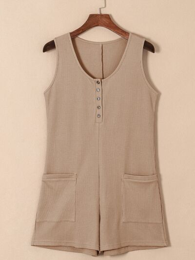 Waffle-Knit Half Button Sleeveless Romper with Pockets