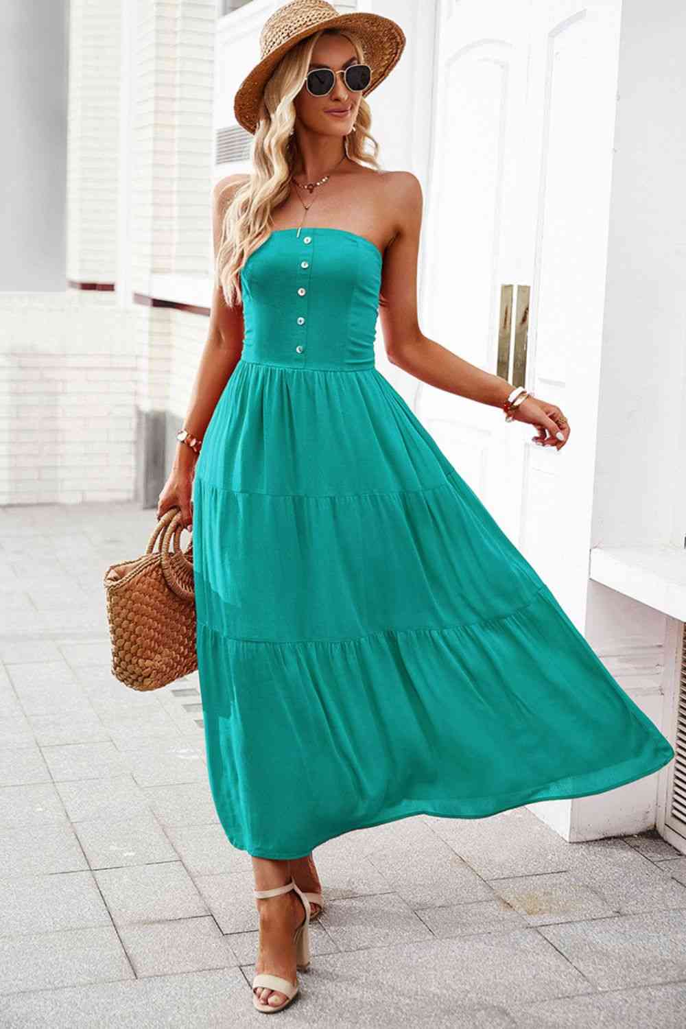 Strapless Buttoned Tiered Dress with Pockets