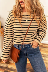 Striped Round Neck Long Sleeve Cropped Sweater