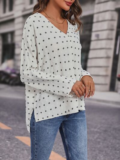 Swiss Dot V-Neck Long Sleeve Blouse