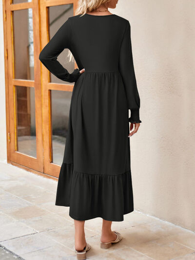 Round Neck Lantern Sleeve Ruffle Hem Dress