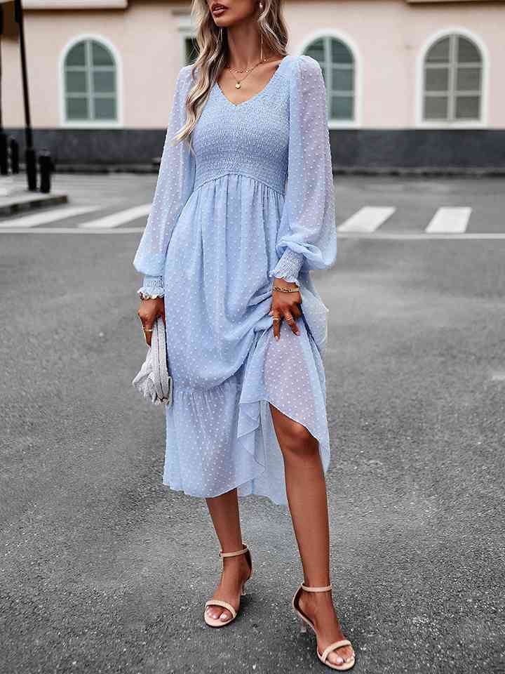 Swiss Dot V-Neck Flounce Sleeve Midi Dress