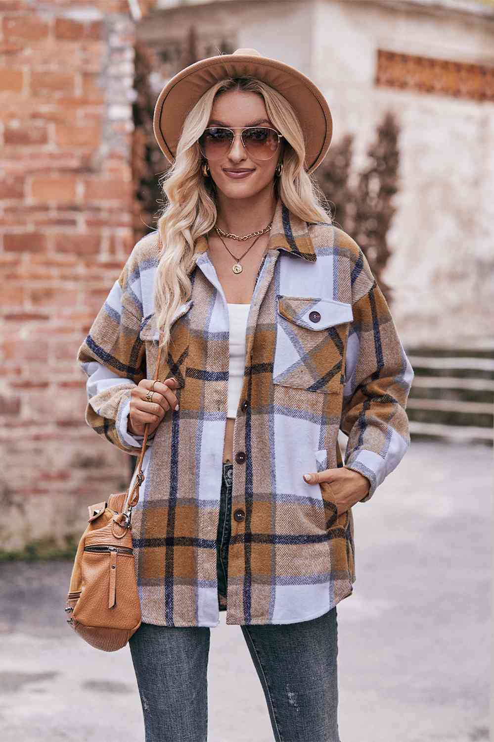 Plaid Long Sleeve Shirt Jacket with Pockets