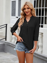 Eyelet Notched Three-Quarter Sleeve Blouse