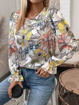 Printed Round Neck Flounce Sleeve Blouse