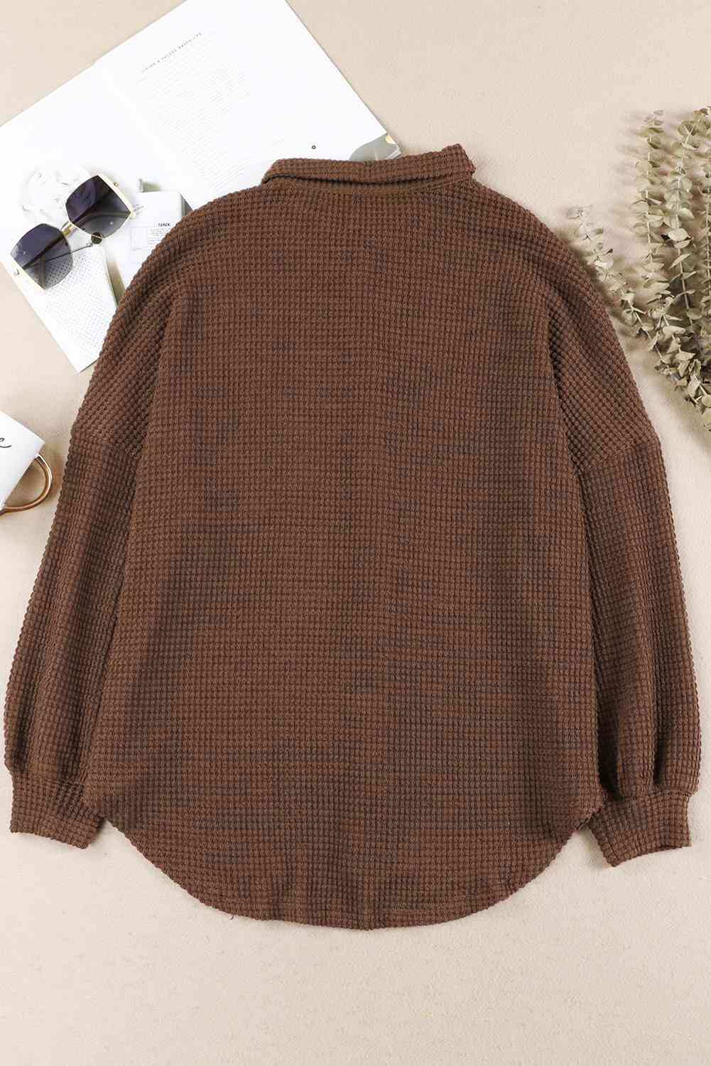 Waffle-Knit Button Up Long Sleeve Shirt with Pocket