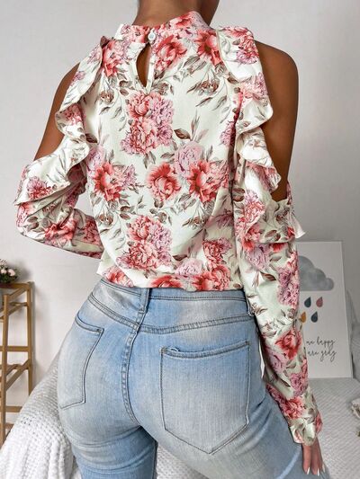 Floral Cold Shoulder Ruffle Trim Blouse