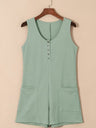 Waffle-Knit Half Button Sleeveless Romper with Pockets