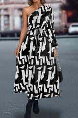 Printed One-Shoulder Tie Waist Dress