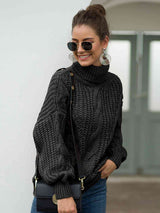 Turtleneck Cable-Knit Dropped Shoulder Sweater