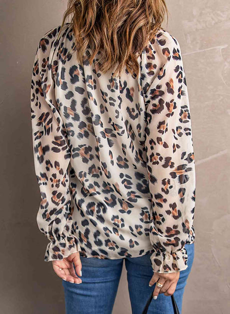 Leopard Button Down Ruched Flounce Sleeve Top
