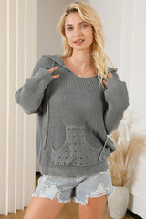 Rivet Drawstring Hooded Long Sleeve Sweater