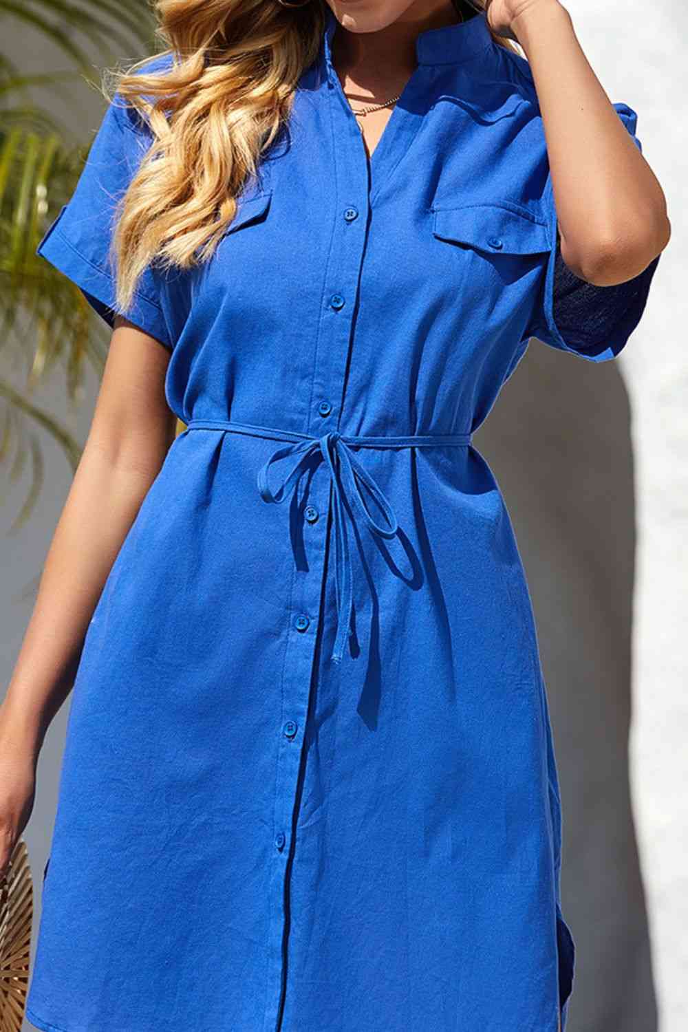 Button-Down Tie Waist Collared Neck Shirt Dress