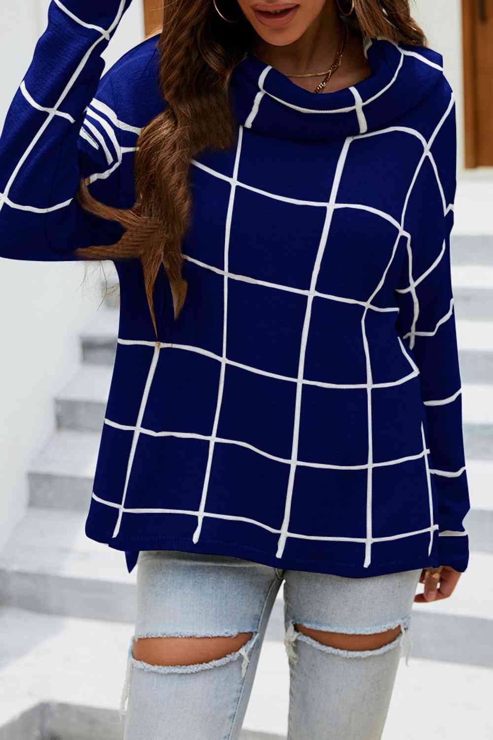 Plaid Turtleneck Drop Shoulder Sweater