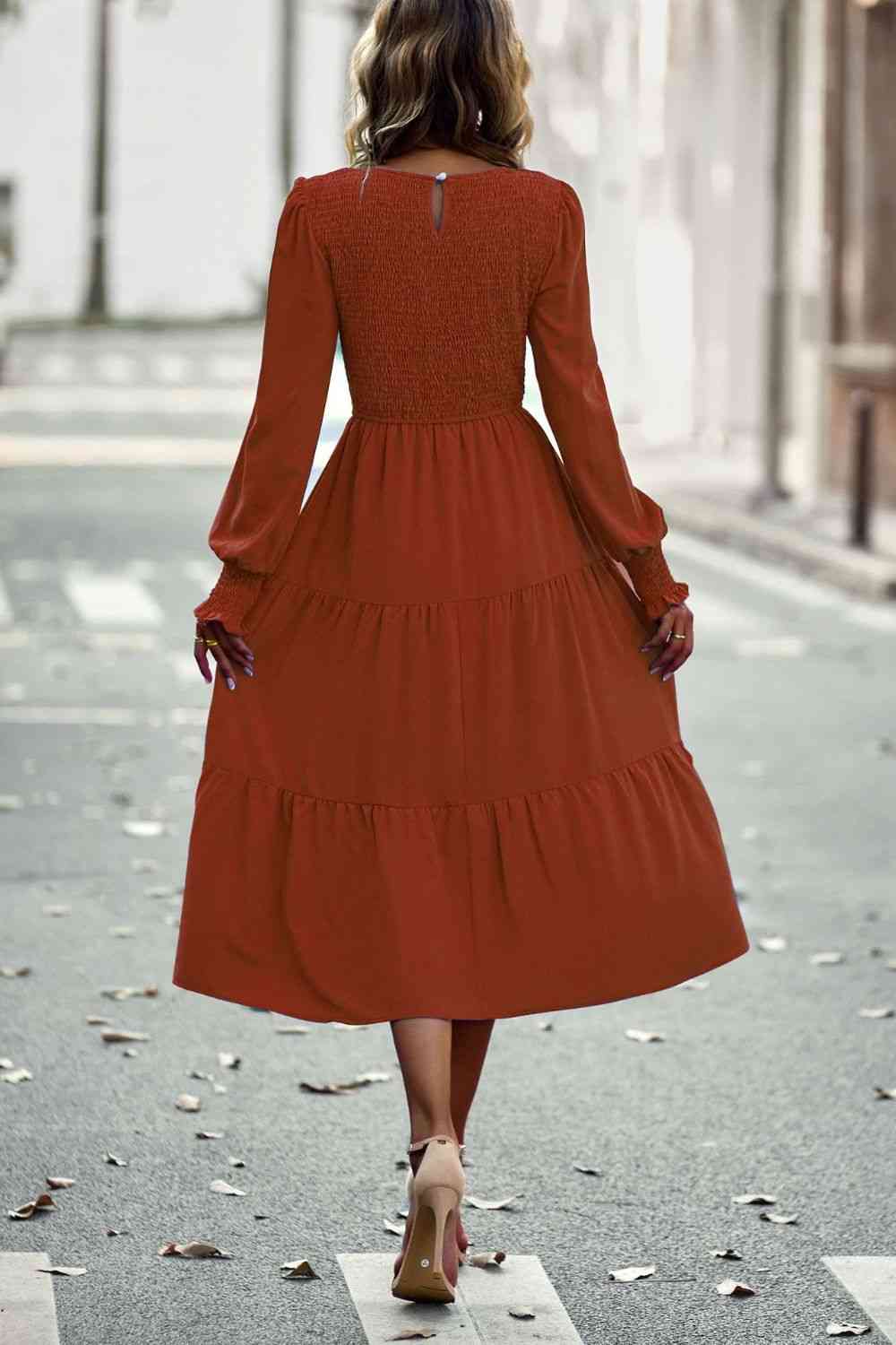 Smocked Long Puff Sleeve Tiered Midi Dress