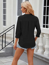 Eyelet Notched Three-Quarter Sleeve Blouse