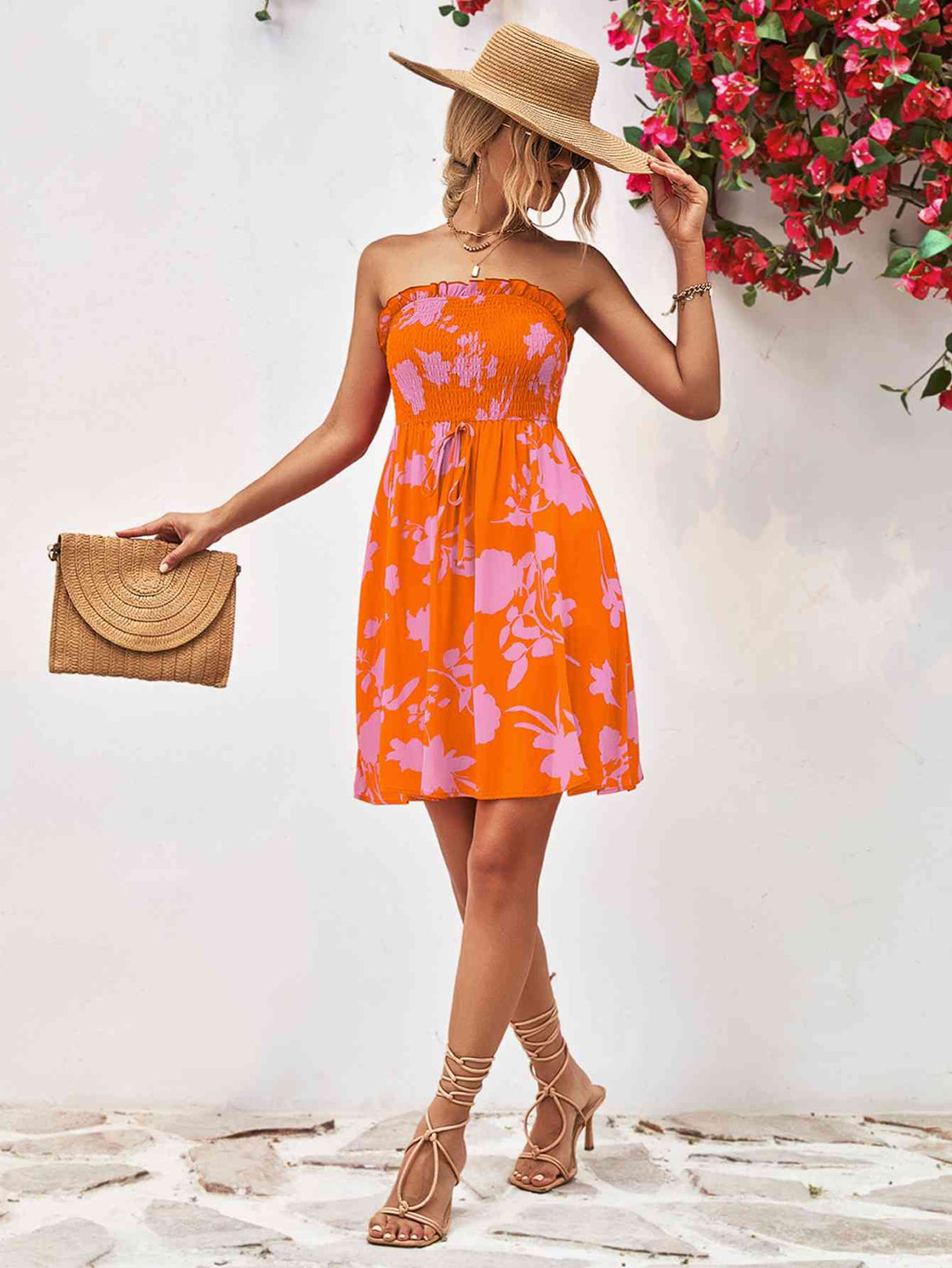 Floral Frill Trim Strapless Smocked Dress