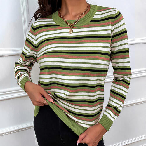 Striped Round Neck Long Sleeve Sweater