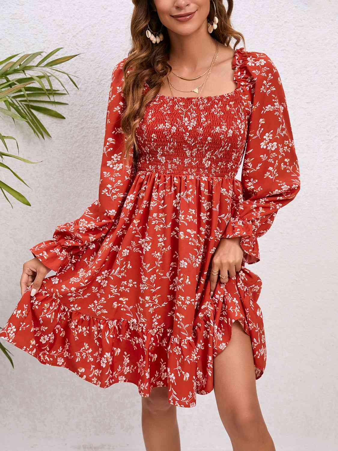 Floral Smocked Square Neck Dress