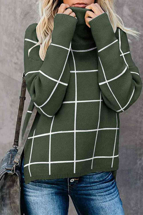 Plaid Turtleneck Drop Shoulder Sweater