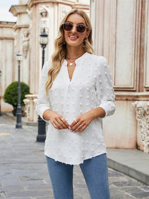 Swiss Dot Notched Neck Blouse