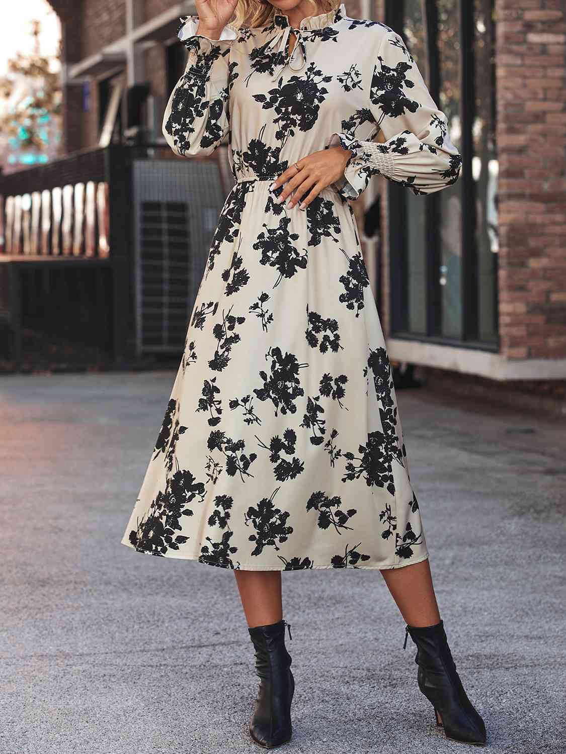 Tie Neck Flounce Sleeve Dress