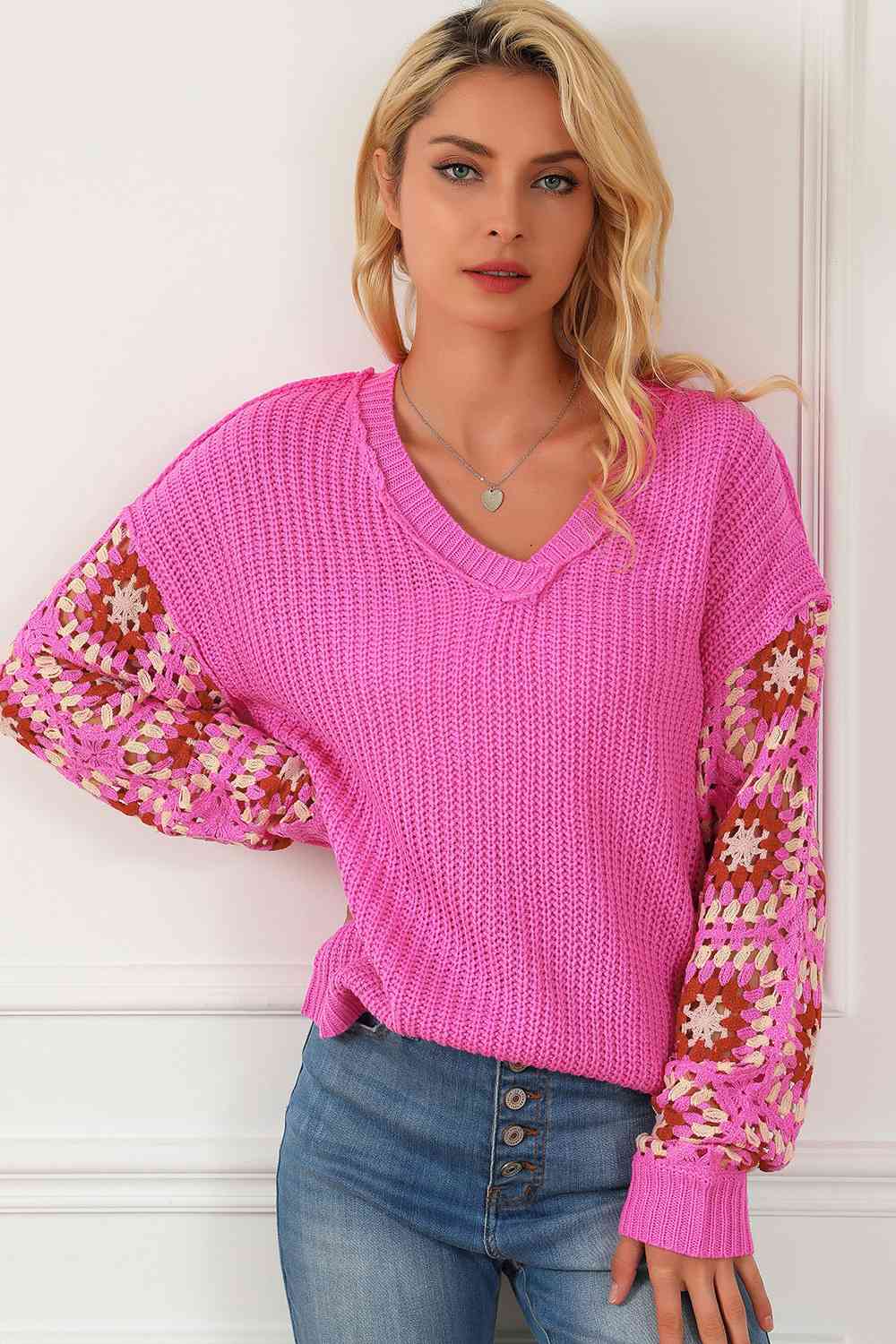 Exposed Seam V-Neck Drop Shoulder Sweater