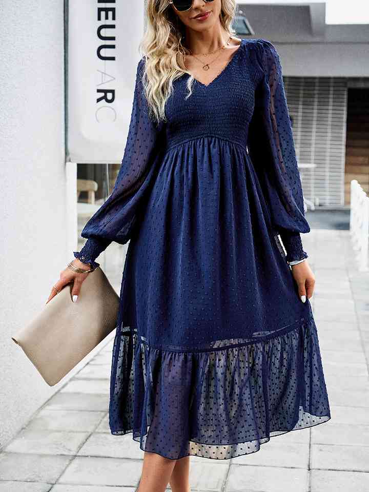 Swiss Dot V-Neck Flounce Sleeve Midi Dress